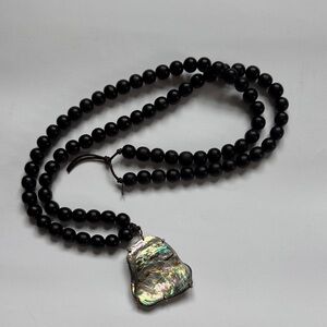Black Beaded Necklace with Iridescent Abalone Pendant - Women Jewelry